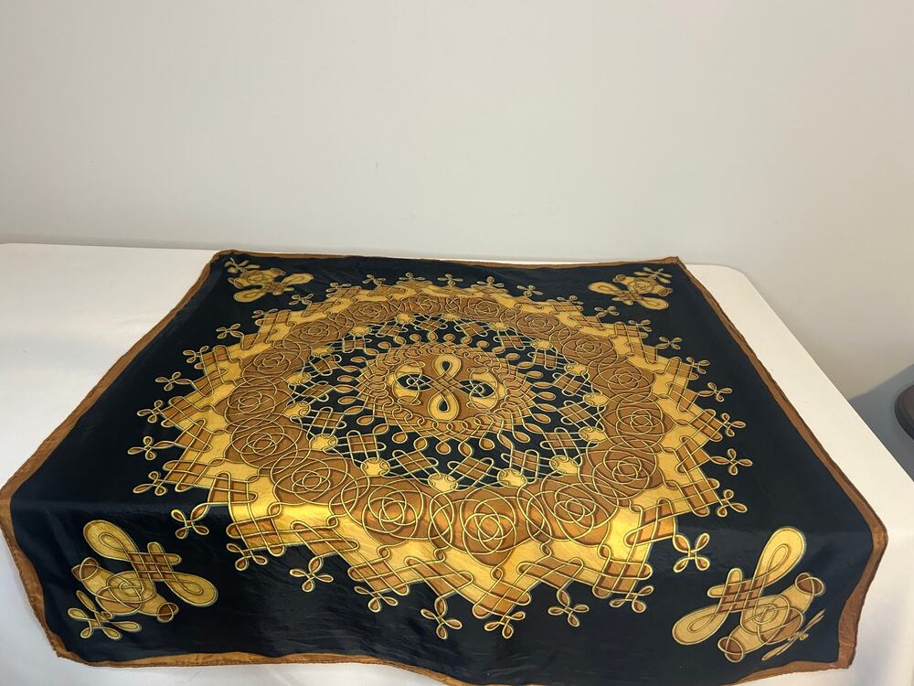 Vintage Square Scarf 30" Black Gold Brown Celtic Knot Ornate Baroque Satin